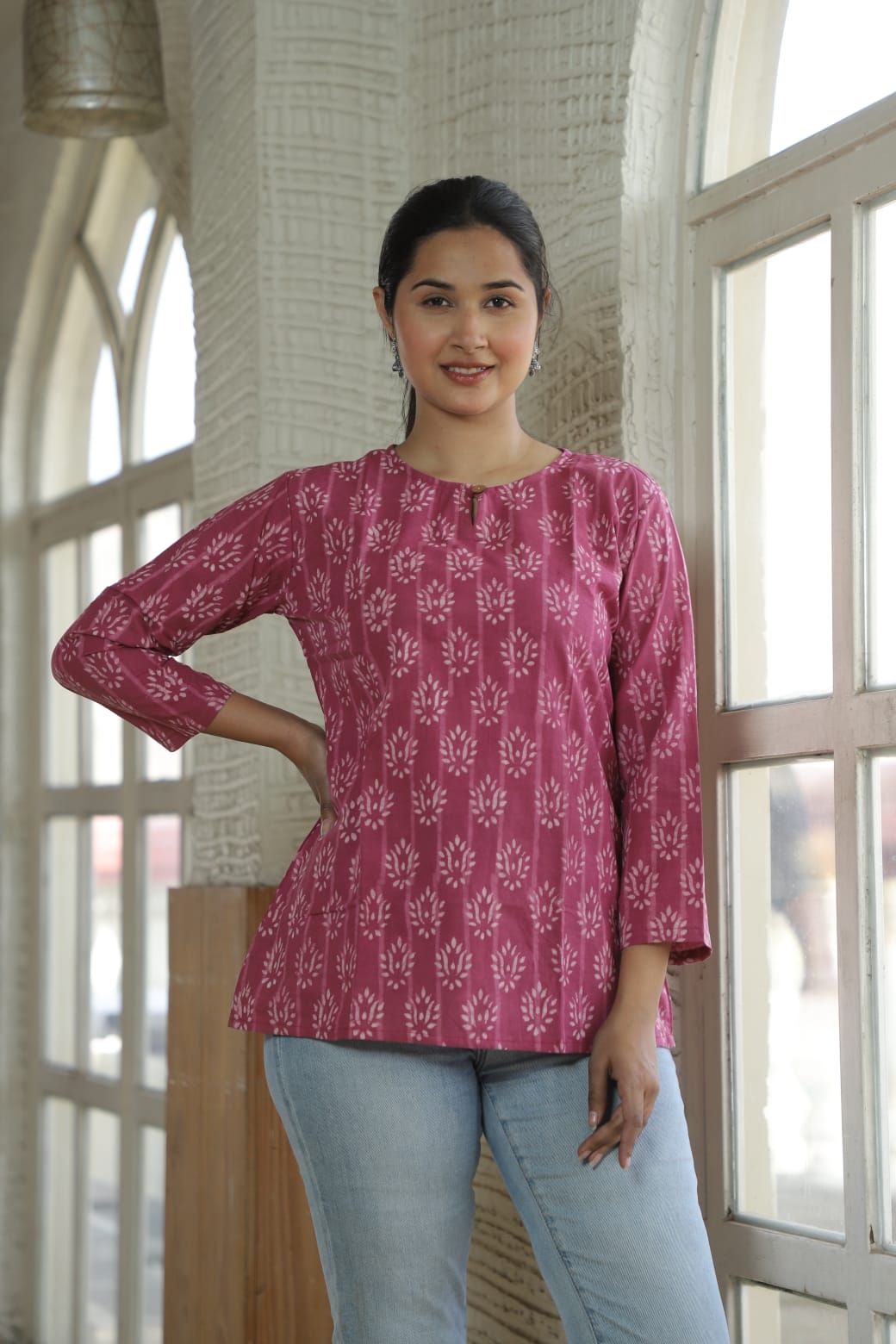 Pink Cotton Bandhani Tunic Top