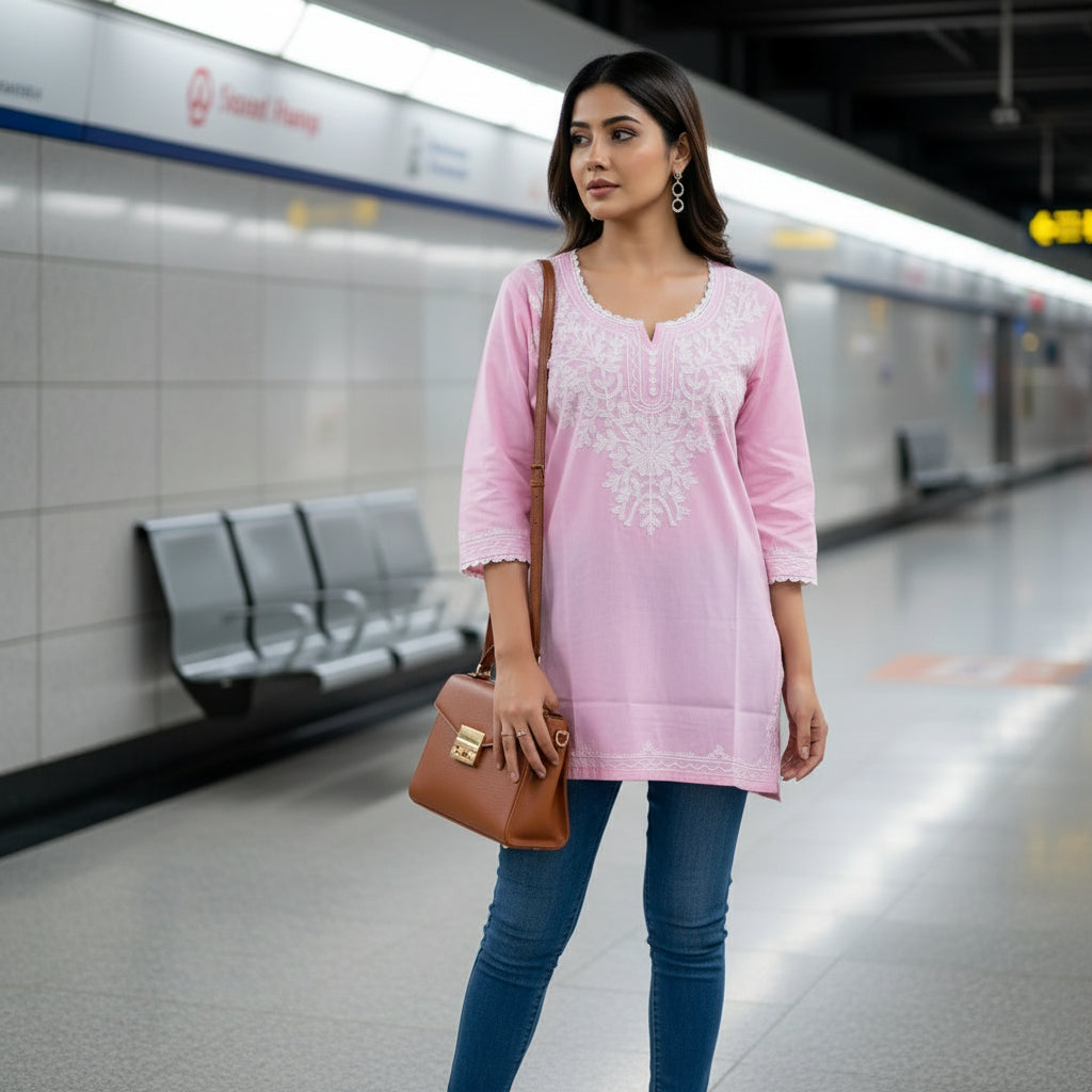 Pink Solid Embroided Tunic Top