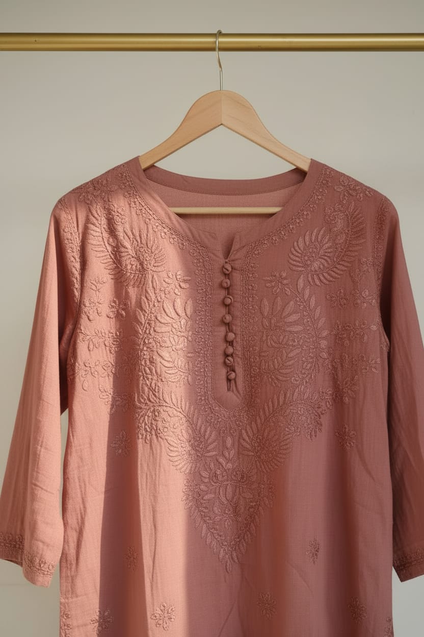 Sunset Coral Cotton Chikankari Kurta