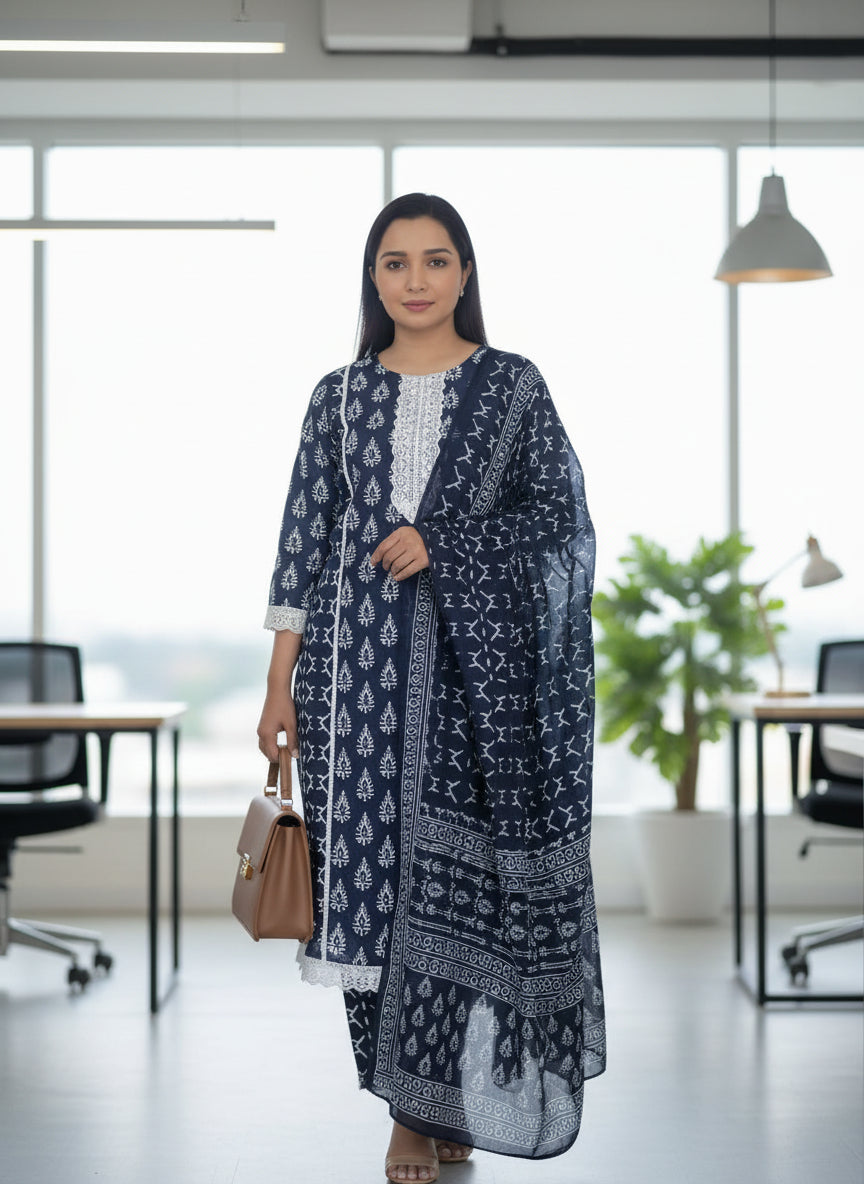 Blue Cotton Infy Kurta Set