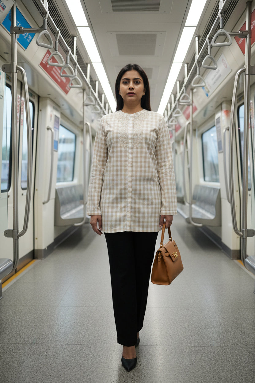 Beige Printed Cotton Short Kurta