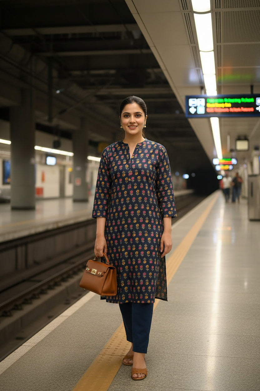 Blue Floral Block Print Kurta