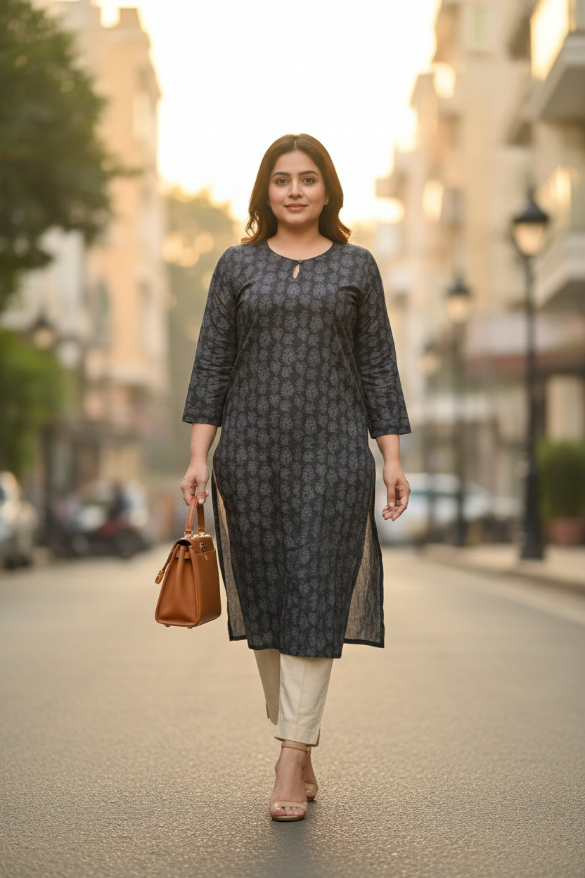 Grey Self Print Kurta