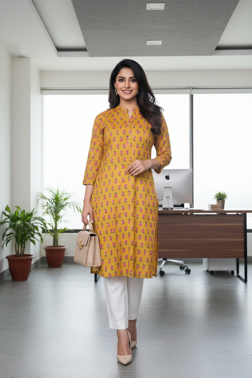 Yellow Floral Block Print Kurta