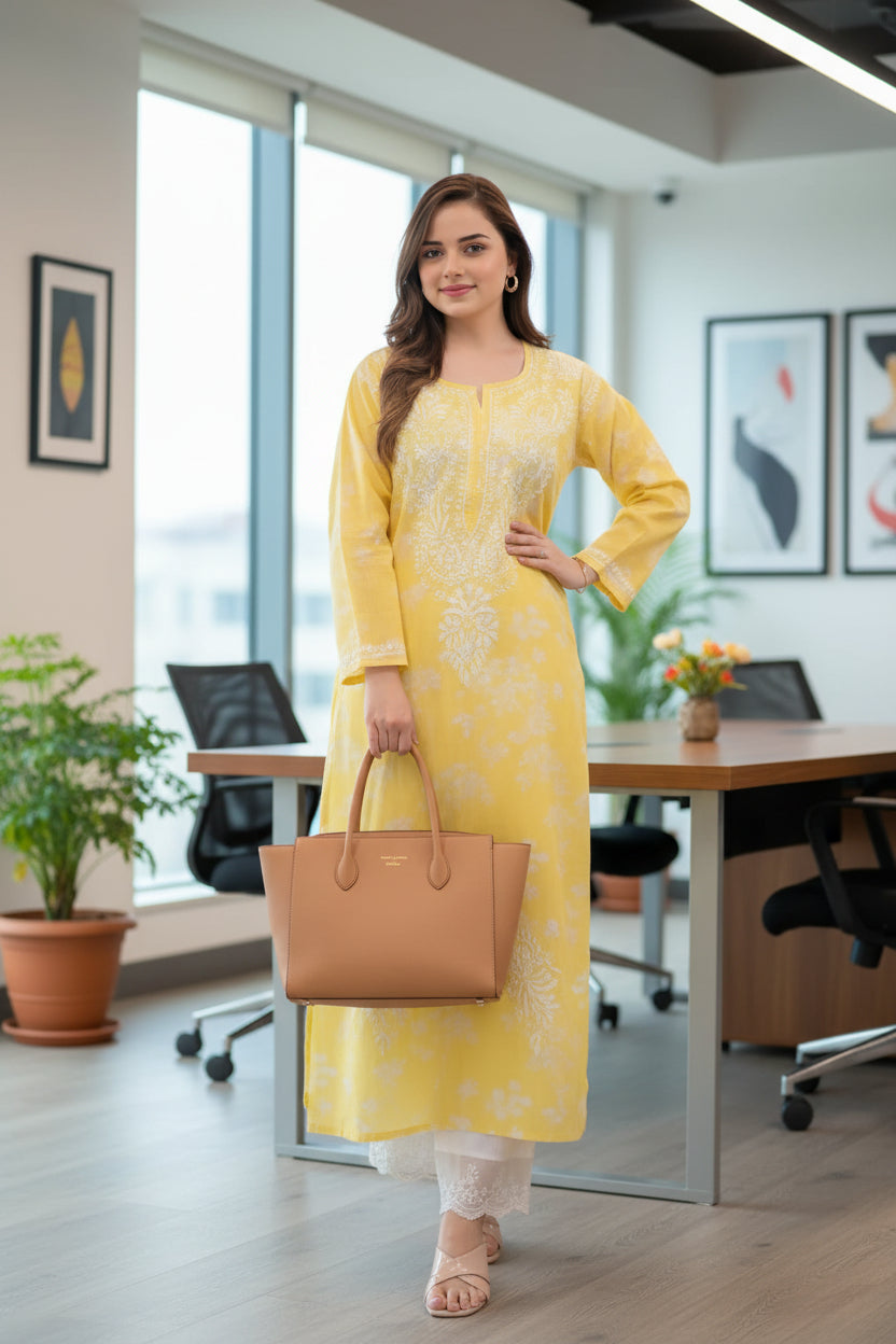 Yellow Chikankari Printed Kurta