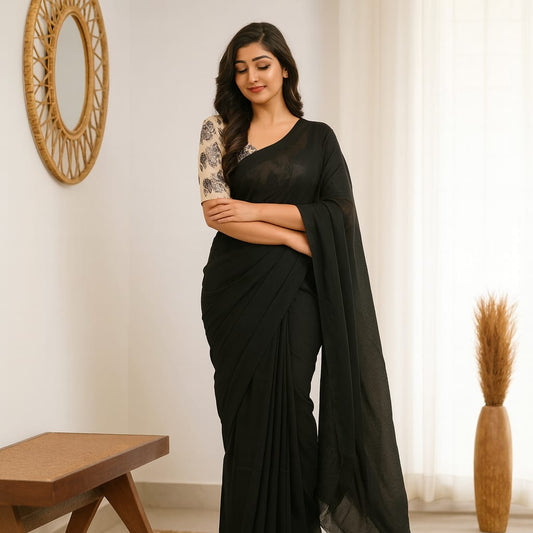 Solid Black Cotton Saree