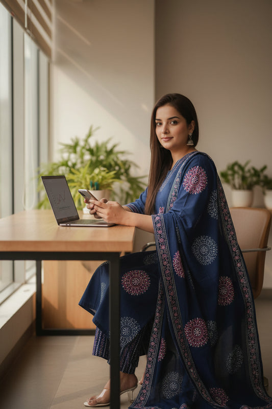 Blue Pleated INF kurta set