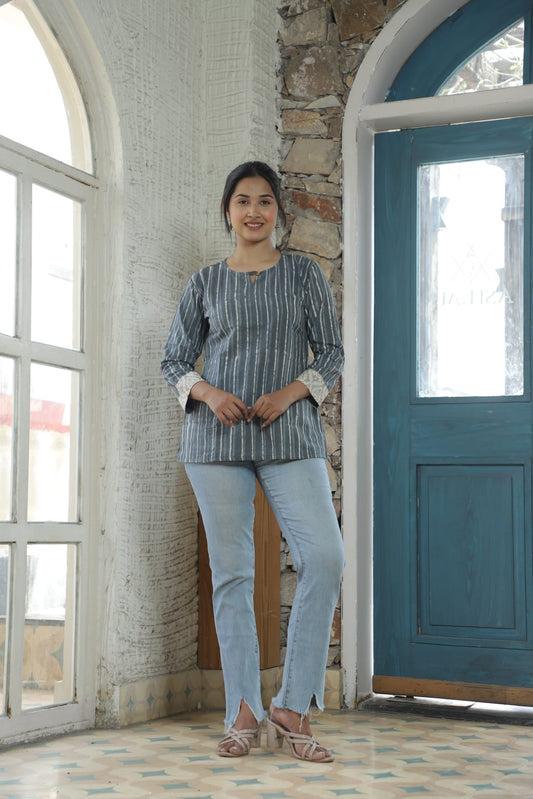 Grey Cotton Bandhani Tunic Top