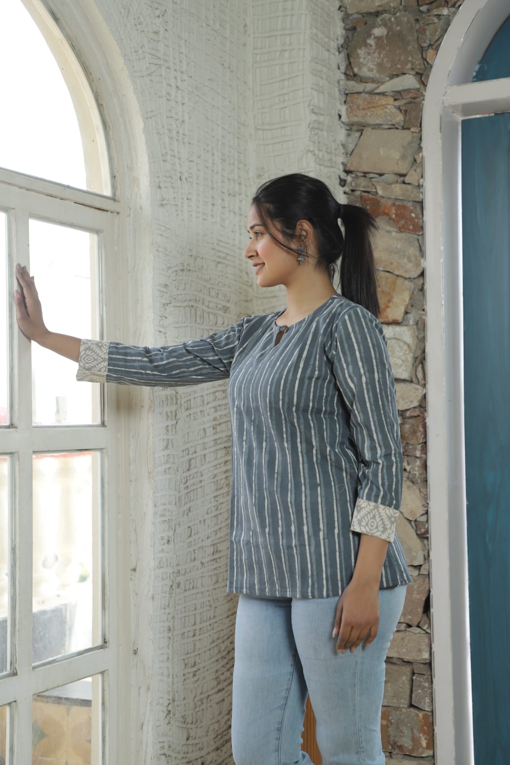 Grey Cotton Bandhani Tunic Top