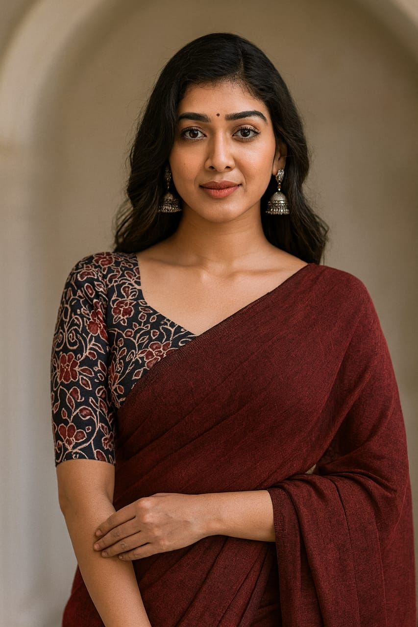Solid Maroon Cotton Saree