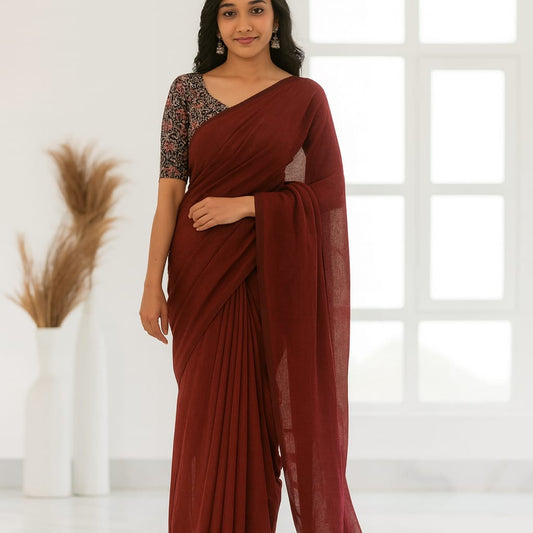 Solid Maroon Cotton Saree