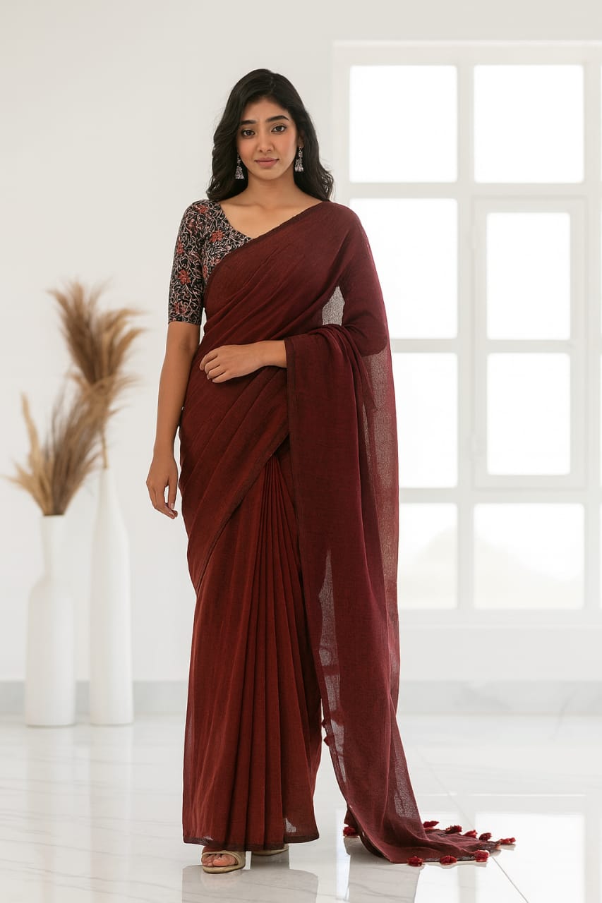 Solid Maroon Cotton Saree