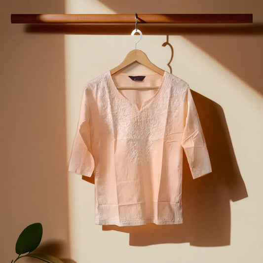 Peach Solid Embroided Tunic Top
