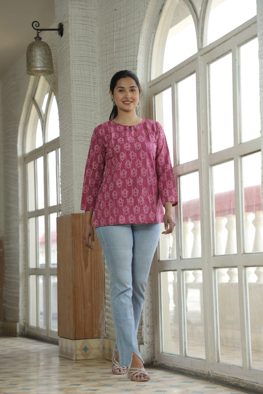 Pink Cotton Bandhani Tunic Top