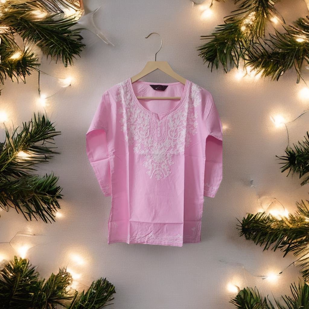Pink Solid Embroided Tunic Top