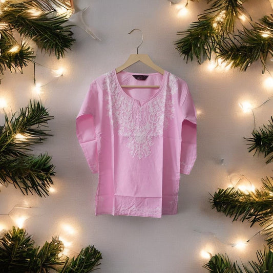 Pink Solid Embroided Tunic Top