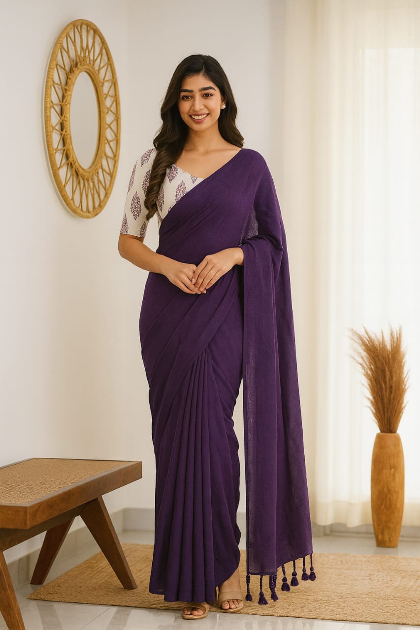 Solid Purple Cotton Saree