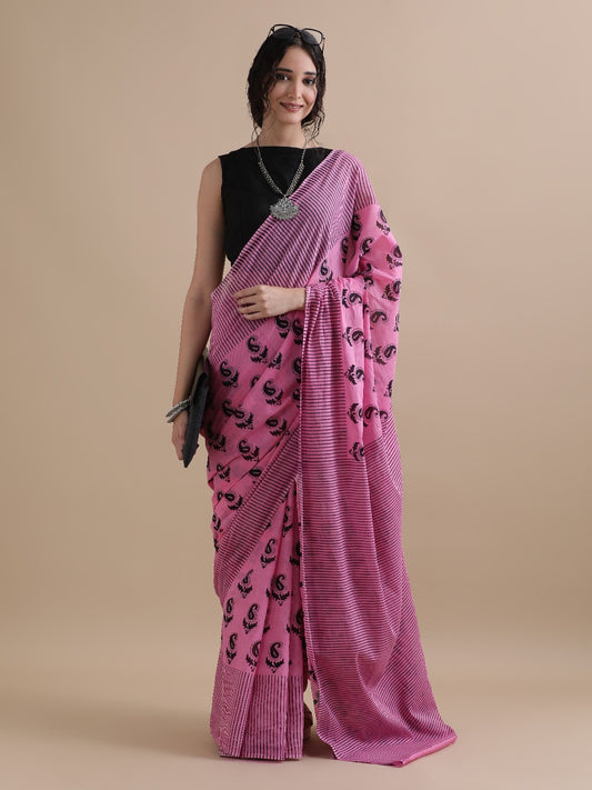 Pink Block Print Cotton Saree