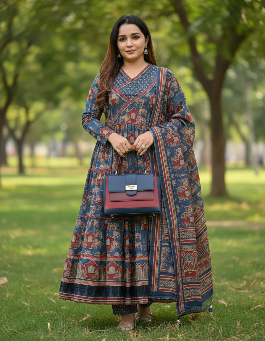 Blue Ajrak Aline Kurta Set