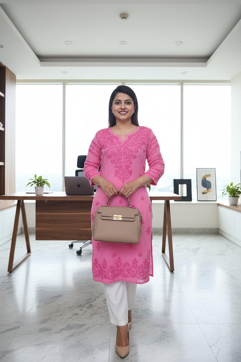 Hot Pink Premium Rayon Chikankari Kurta