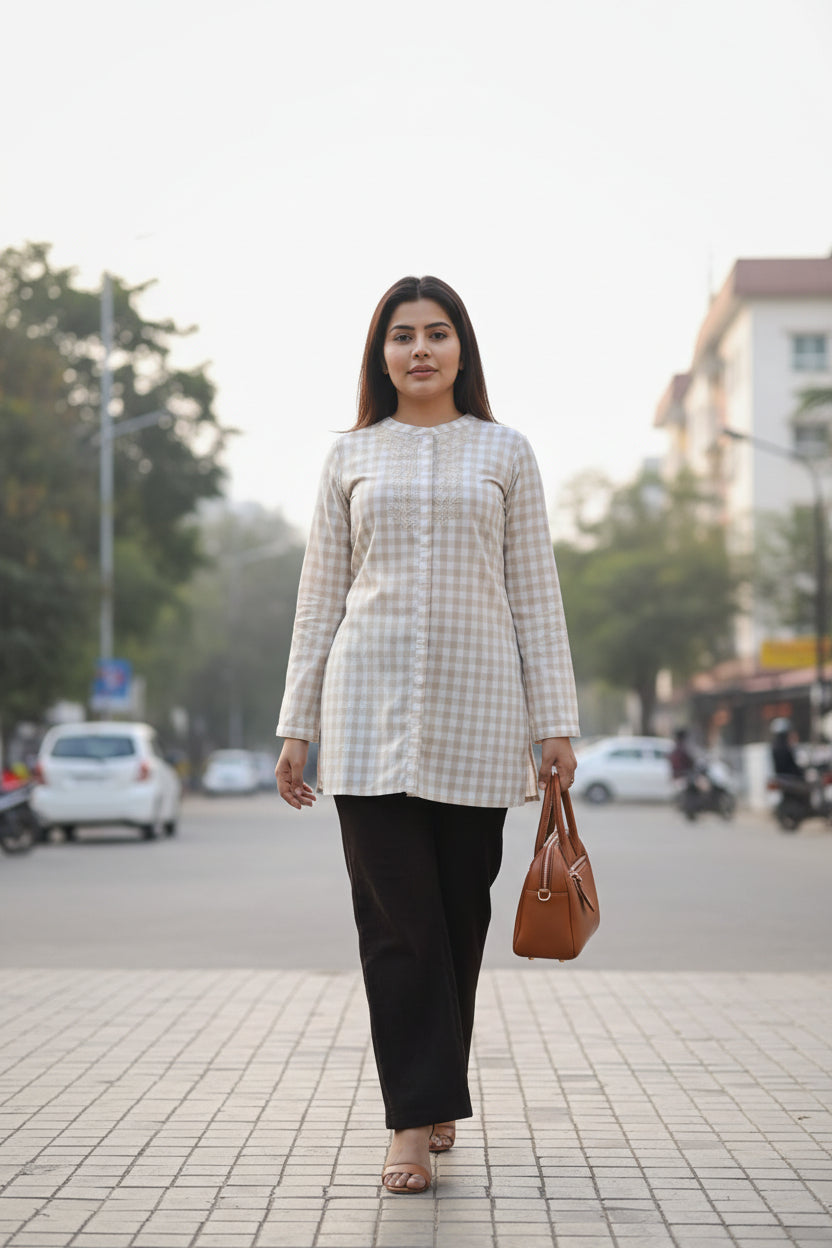 Beige Printed  Cotton Short Kurta