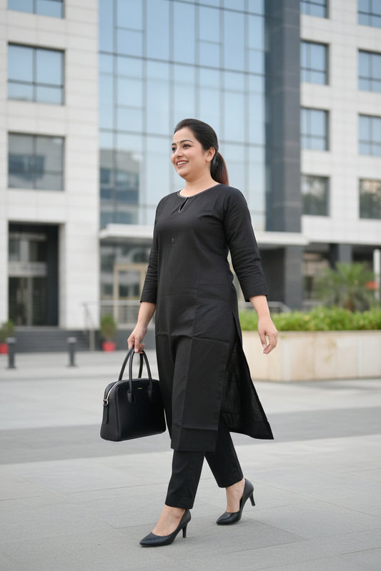 Black Solid Cotton Flex Kurta