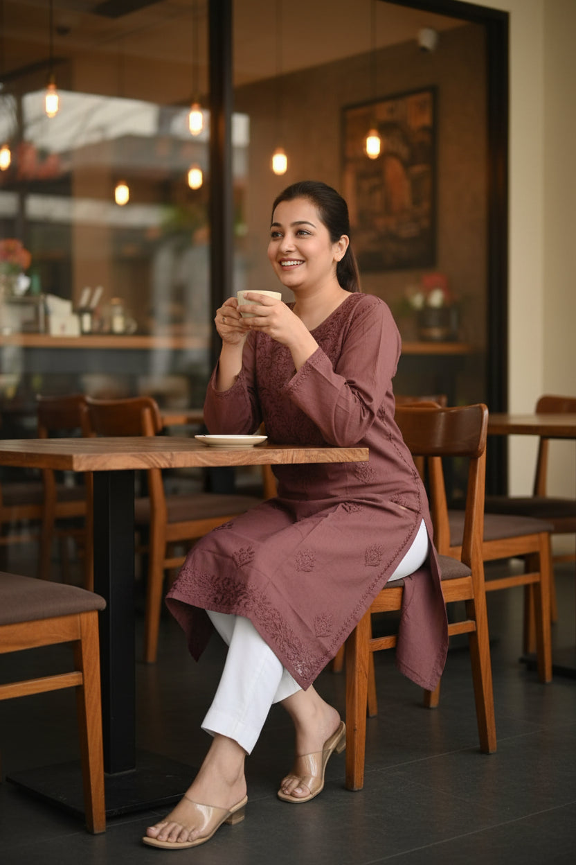 Brown  Cotton Chikankari Kurta