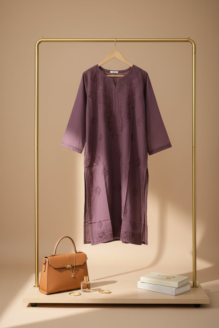 Wine Cotton Chikankari Kurta