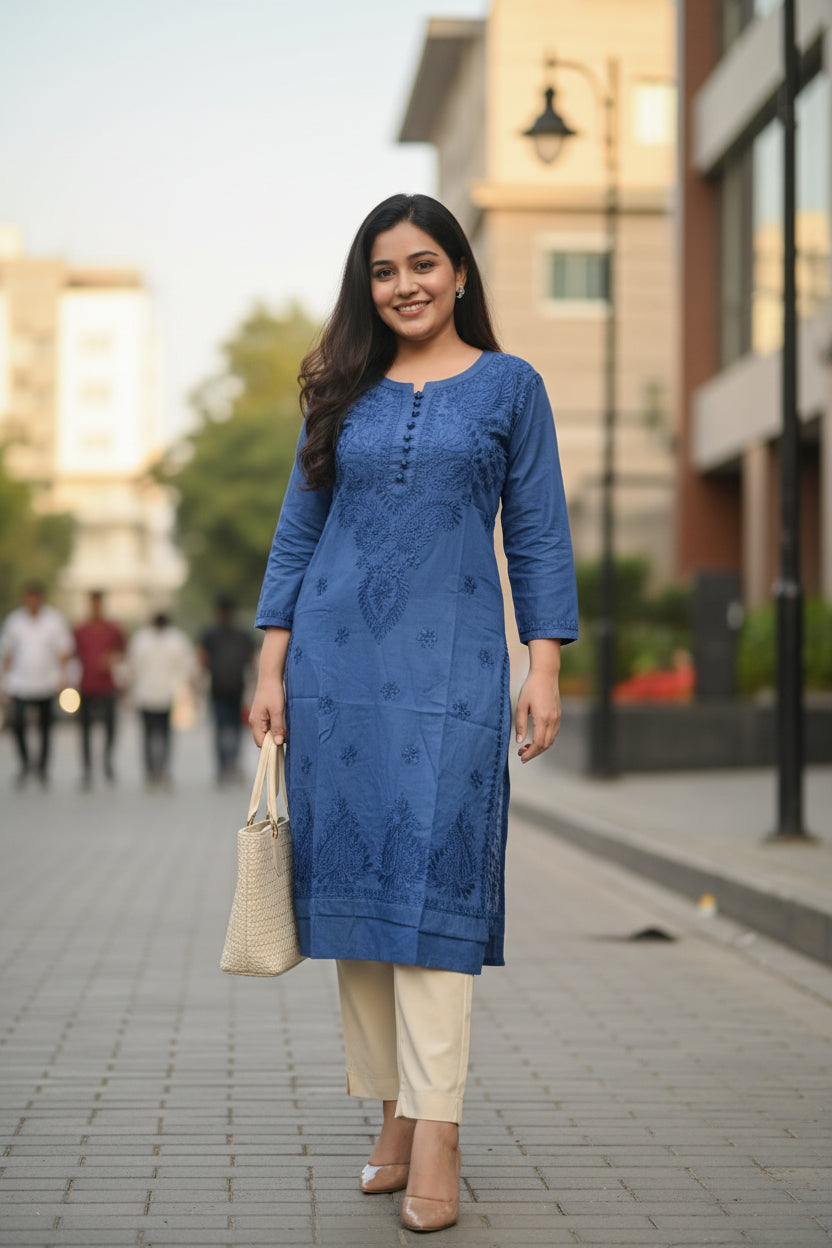 Royal Blue Cotton Chikankari Kurta