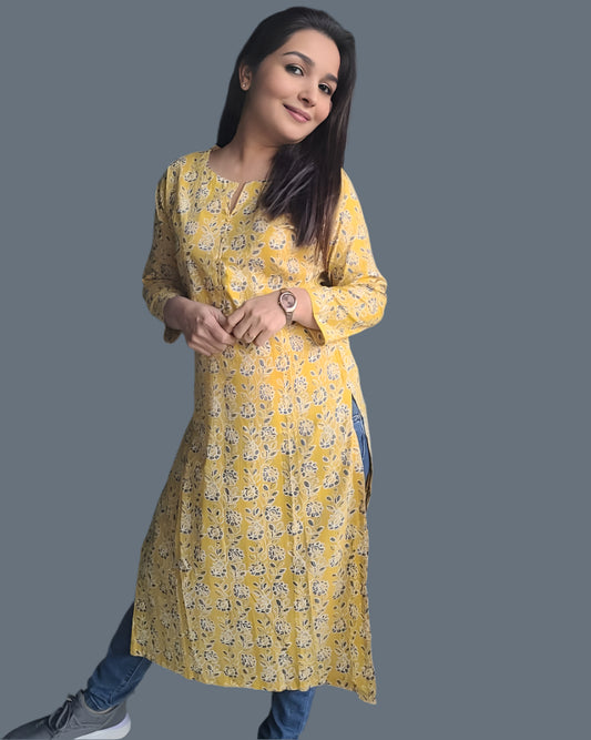 Yellow Block Print Kurta