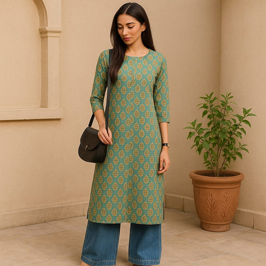 Green Block Print Kurta