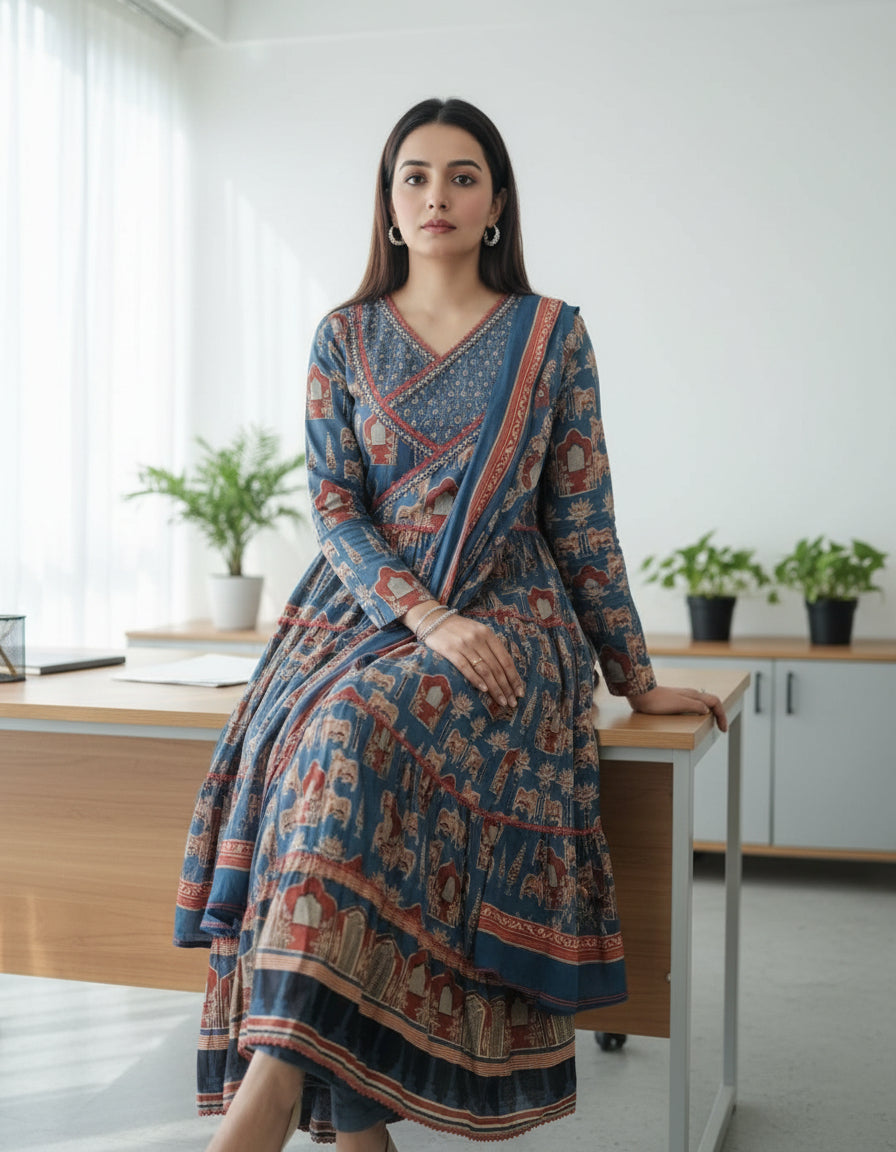 Blue Ajrak Aline Kurta Set