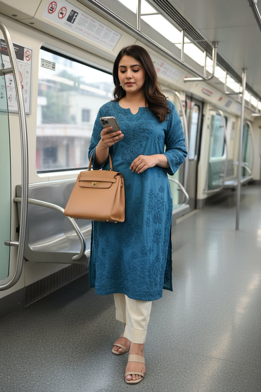 Blue  Premium Rayon Chikankari Kurta
