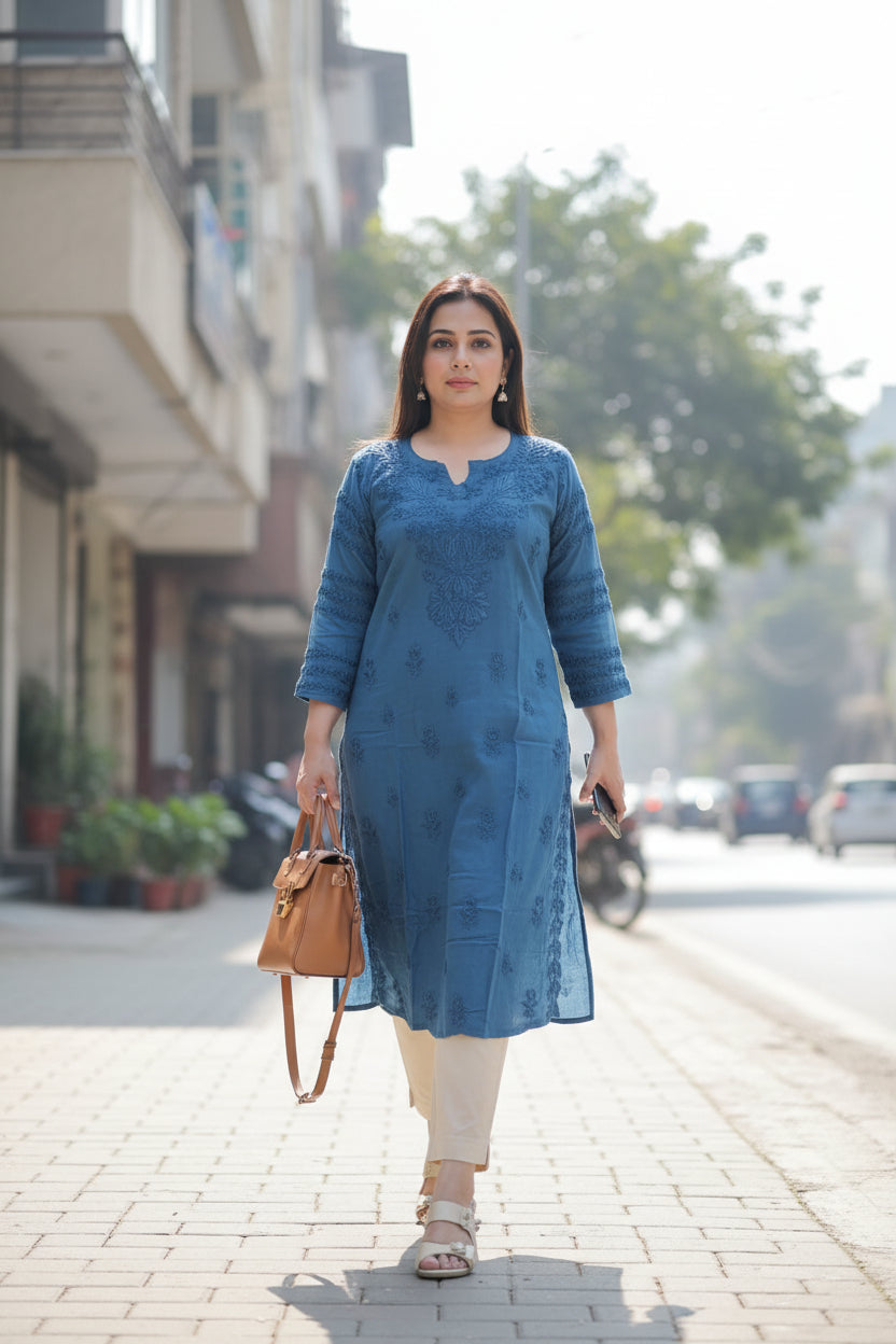 Blue  Premium Rayon Chikankari Kurta