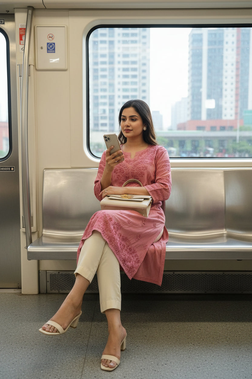 Peach Premium Rayon Chikankari Kurta