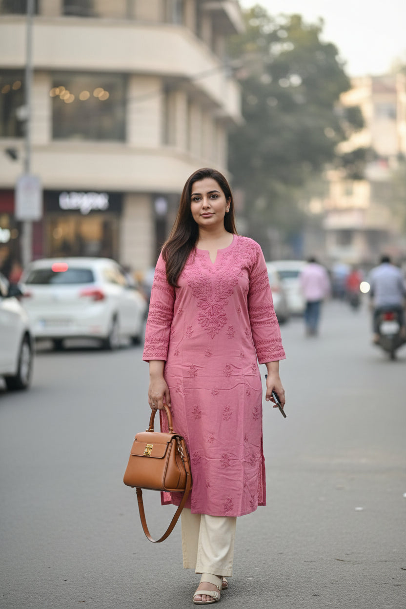 Peach Premium Rayon Chikankari Kurta