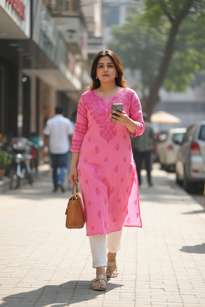 Hot Pink Premium Rayon Chikankari Kurta