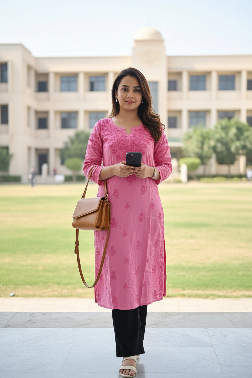 Hot Pink Premium Rayon Chikankari Kurta