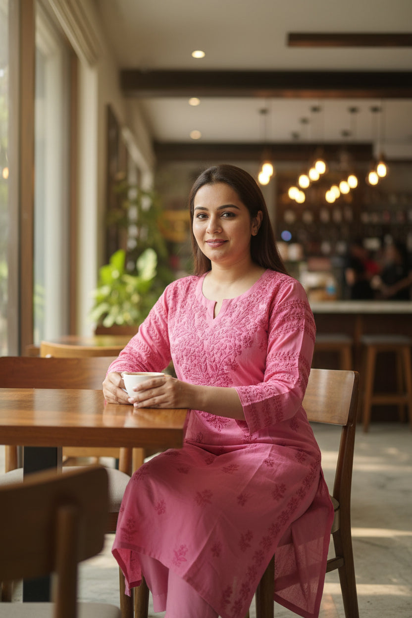 Hot Pink Premium Rayon Chikankari Kurta
