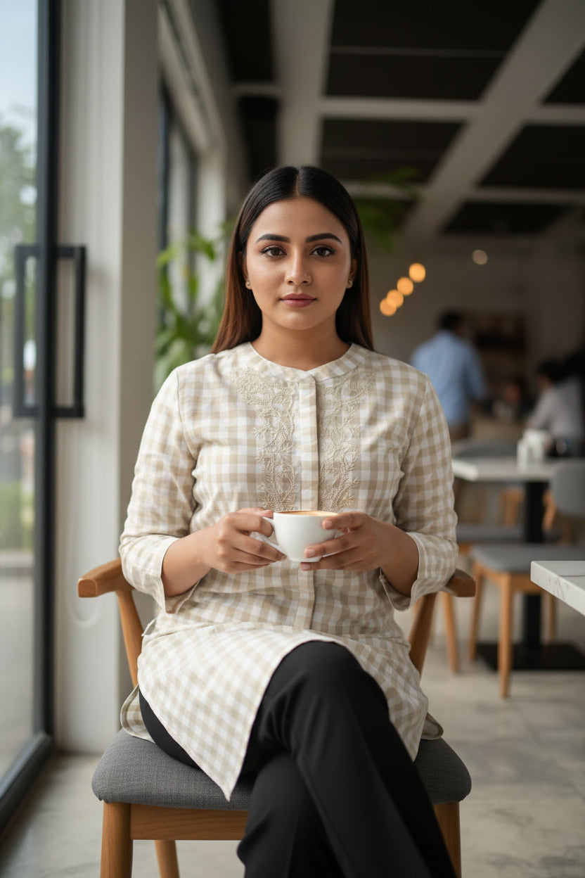 Beige Printed  Cotton Short Kurta