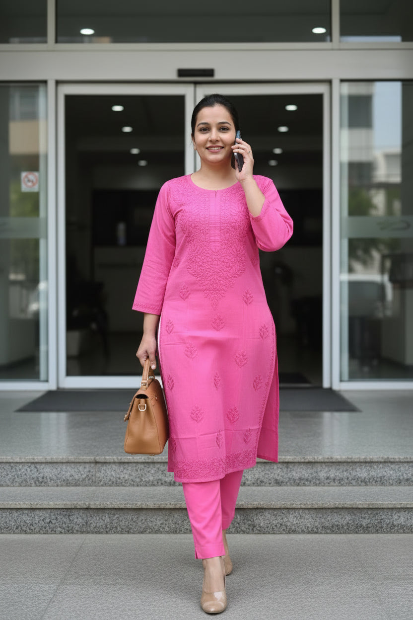 Hot Pink Cotton Chikankari Kurta