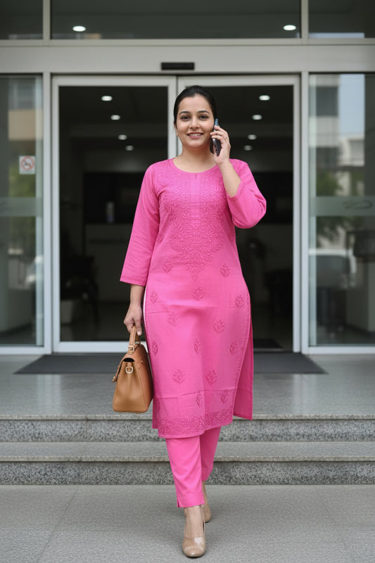 Hot Pink Cotton Chikankari Kurta