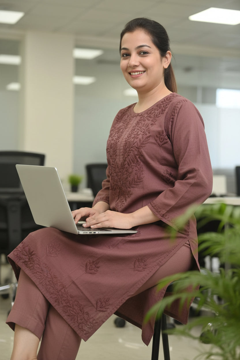 Brown  Cotton Chikankari Kurta