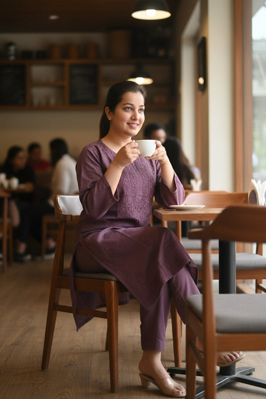 Wine Cotton Chikankari Kurta