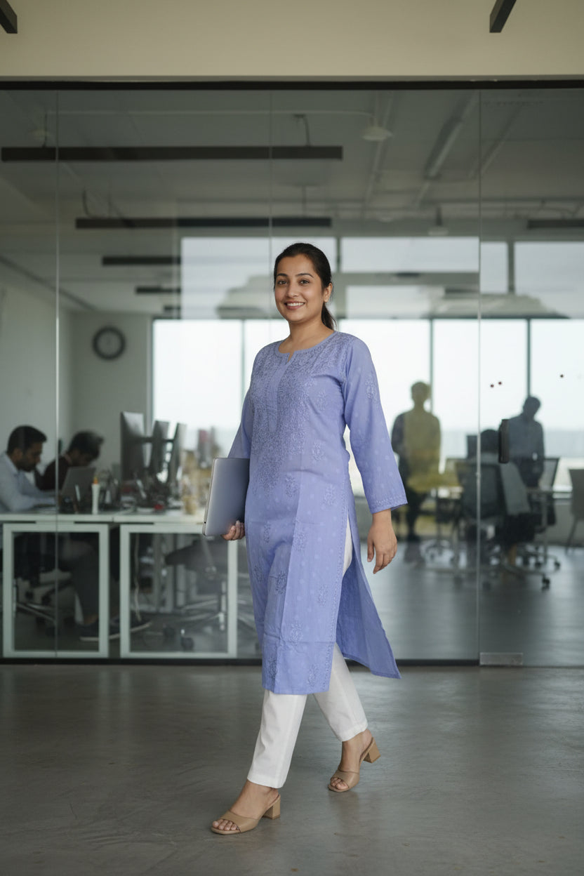 Dusty Blue Cotton Chikankari Kurta