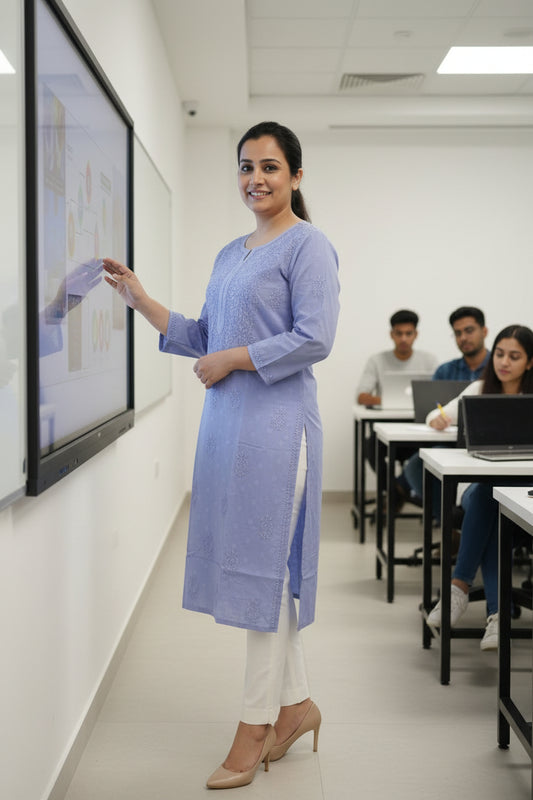 Dusty Blue Cotton Chikankari Kurta