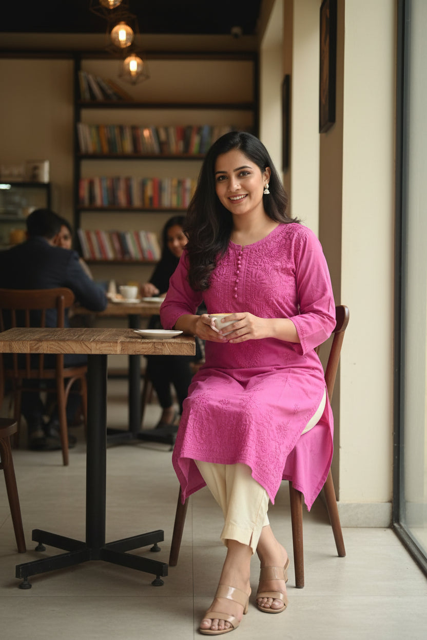 Ultra Pink Cotton Chikankari Kurta