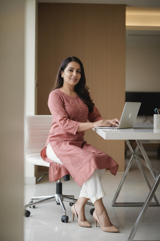 Sunset Coral Cotton Chikankari Kurta