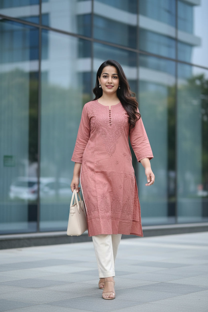 Sunset Coral Cotton Chikankari Kurta