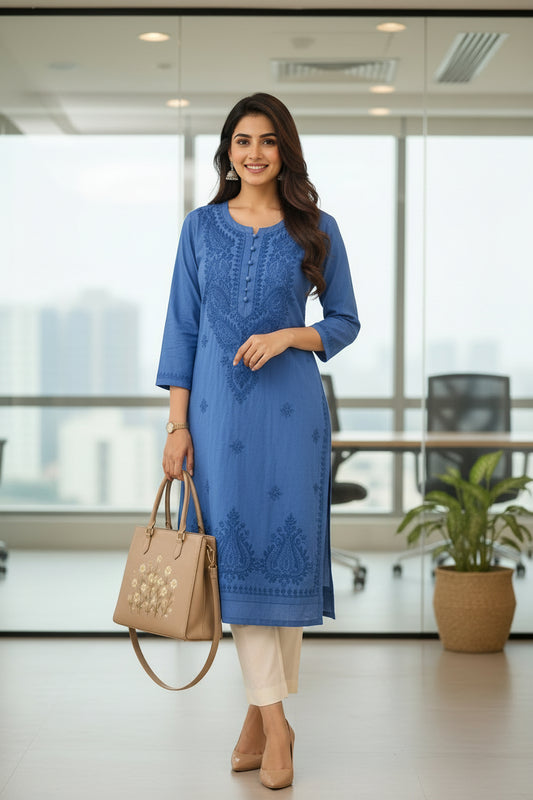 Royal Blue Cotton Chikankari Kurta